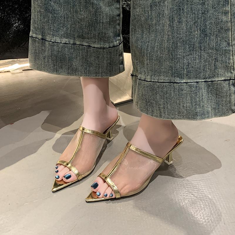 Transparent Silk Gauze Mule Slides Woman Bling Lace Mesh Pointed Toe High Heel Slipper Sandals Ladies Evening Party Pump Shoes