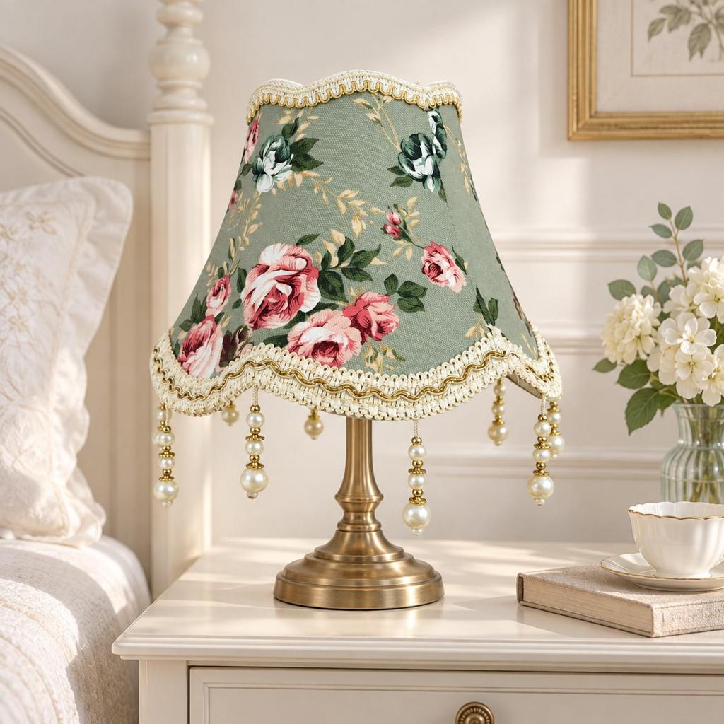 Floral Jacquard Lampshade Light Green with Hanging Bead Ornaments Tapered for Bedside