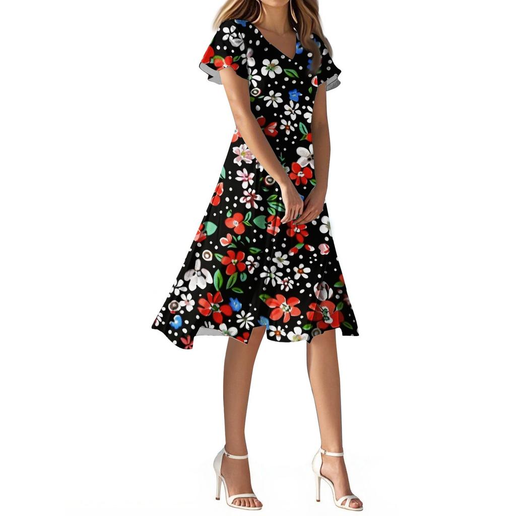 Dámské letní ležérní módní květinové tiskové šaty s výstřihem do V a krátkým rukávem, krátká sukně