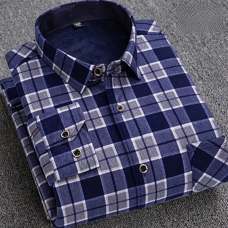 Men's Thickened Fleece Lined Long Sleeve Shirt Warm Slim Fit Plaid Casual Fashion Winter Shirt No Ironing Required Male Apparel