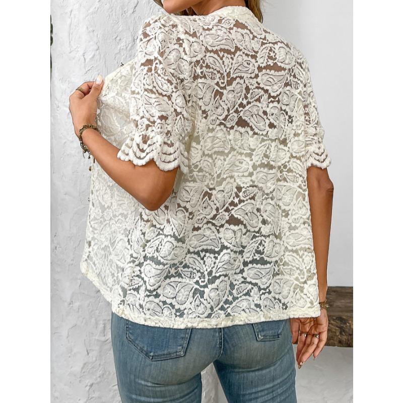 Fashion Lace Shirt Women Spring Summer Short Sleeve See Through Casual Blouse Ladies Button Sweet Tops O Neck Elegant Loose Casual Clothing