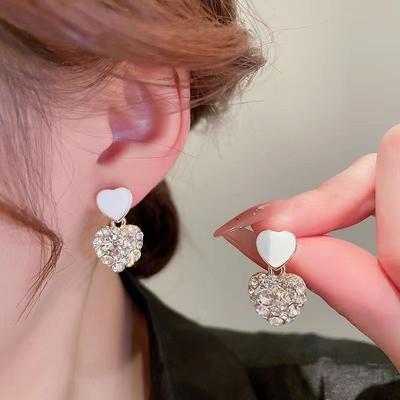 Silver Needle with Diamonds White Love Earrings Simple Personality Temperament Earrings Silver for Women