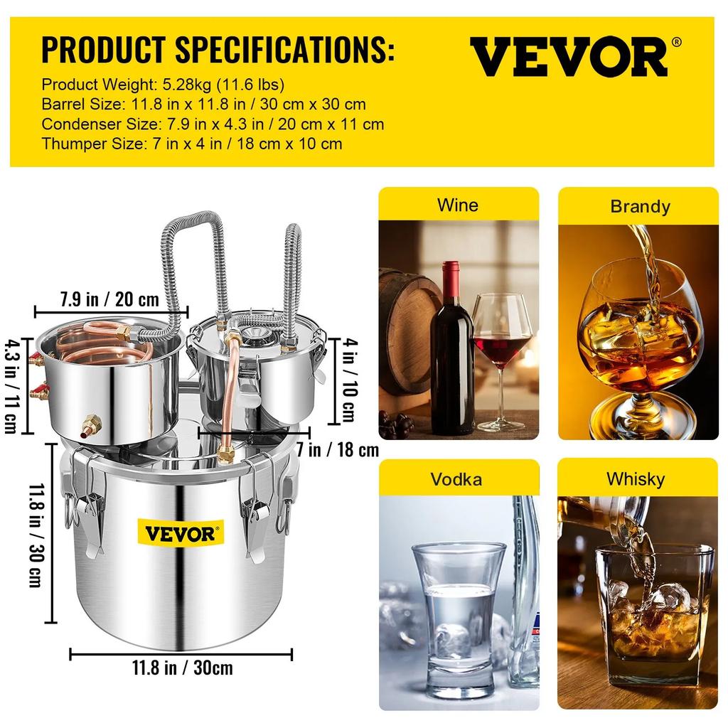 VEVOR Still Distiller 5Gal 21L Stainless Steel Water Distiller Copper Tube with Circulating Pump Home Brewing Kit Build-in Thermometer for DIY Whisky