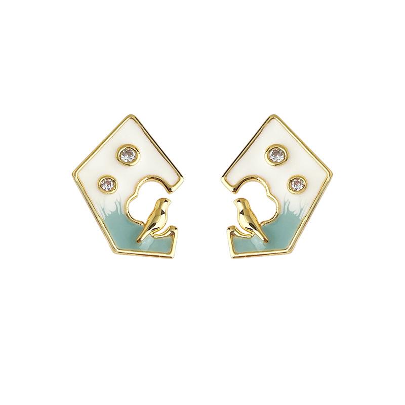 The Bird Collection: Gradient Enamel Zircon Geometric Stud Earrings - Light Luxury Literary Fashion Style