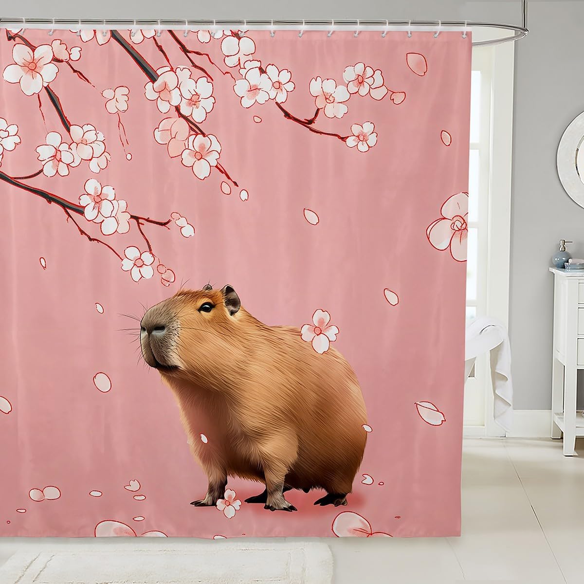 

Kids Cute Capybara Shower Curtain For Bathroom Decor Japanese Cherry Blossoms Flowers Bath Curtain For Boys Girls Teens Cartoon W60H190(CM)-1 Pcs