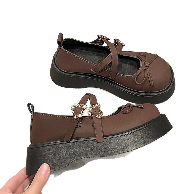 Bow platform small leather shoes women's spring new versatile round head Mary Jane single shoes