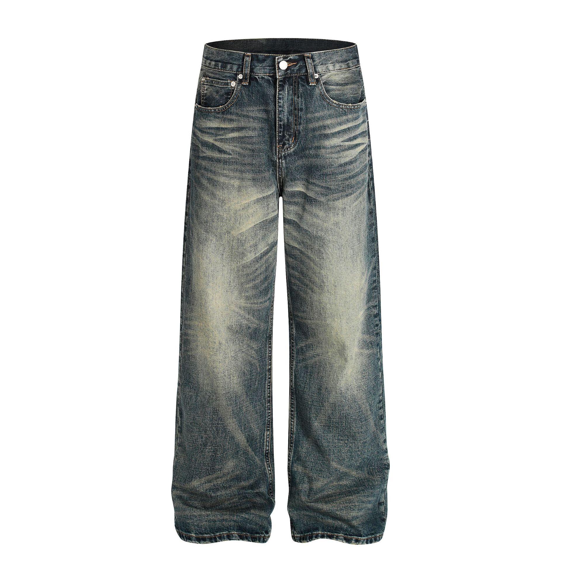 Trendy brand American high street washed jeans straight tube personalized cleanfit trousers men S