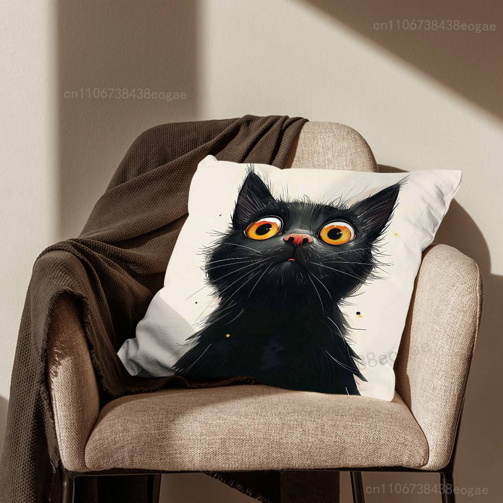 Tecknad Svart Katt Kuddfodral för Soffa i Vardagsrummet För Hem- och Sovrumsinredning och Skydd