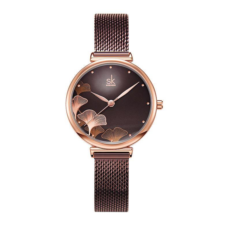 Women'S Watch Women'S Ginkgo Biloba Pattern Steel Mesh Strap Famous Watch Waterproof Watch High Value Quartz Watch 0139