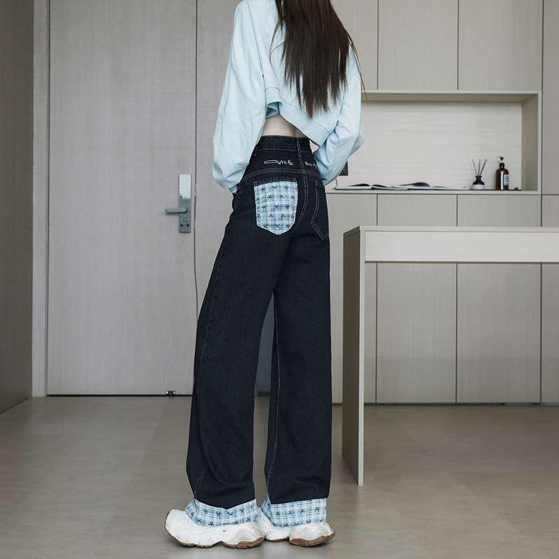 

Plus Size Butterfly Plaid Embroidered High Waist Wide Leg Jeans for Women XL темно-синього кольору