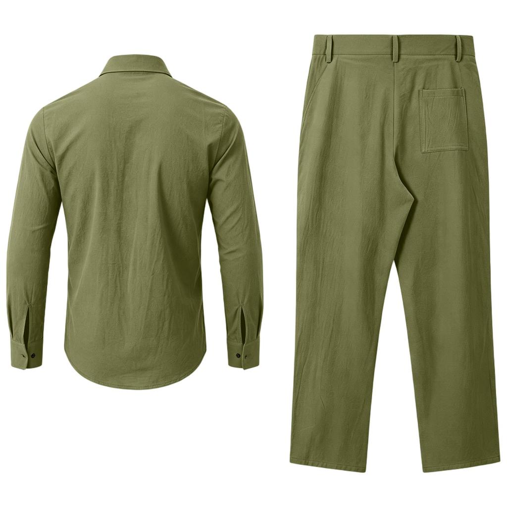 Men's Linen Long Sleeve Button Down Shirt and Pants Set Loose Fit Suit