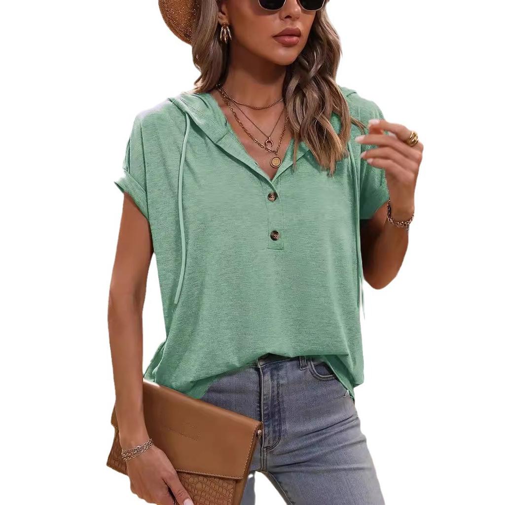 QICED Dámské letní volné tričko s kapucí a krátkým rukávem, zapínání na knoflíky