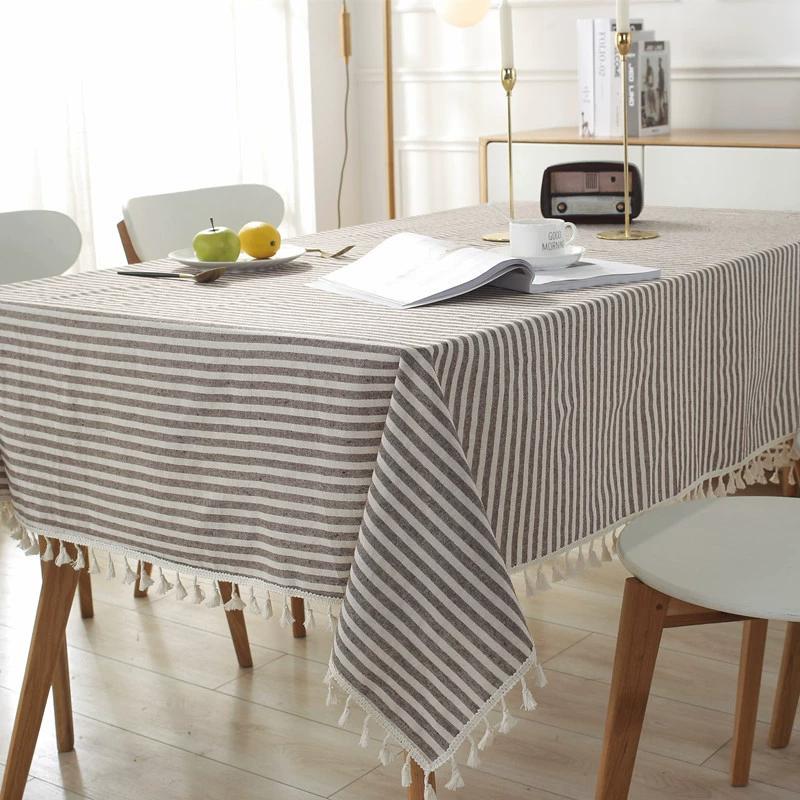 

Cotton Linen Table Cloth Stripe Tassel Rectangle Tablecloth Dust-Proof Table Cover For Kitchen Dinning Tabletop Decoration 60x60cm кавовий