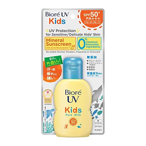 Biore UV Kids Pure Milk Sunscreen 70ml SPF50 / PA+++ features mineral barrier formula free absorbers designed unscented.