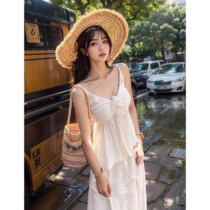 Mist White Tea, Summer New French Gentle Lace Splicing Skirt + Sleeveless Top Sweet Two-piece Set