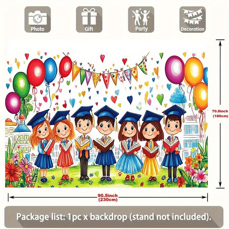 A backdrop for a kindergarten graduation party - lively cartoon-style children, balloons and decorations