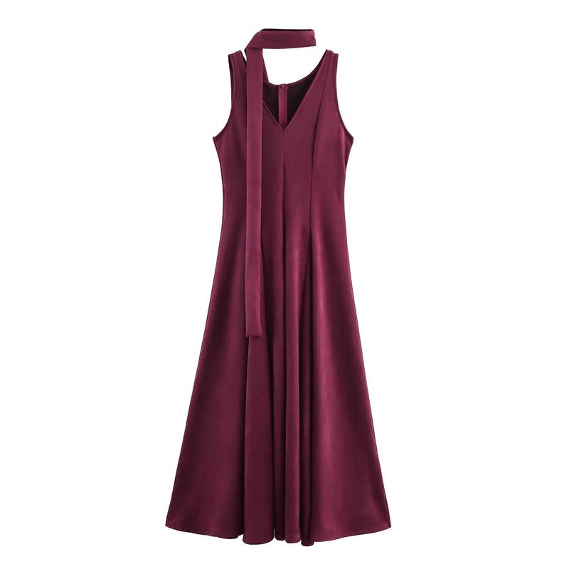 Counter Same Zbzr Autumn New Women Clothes European and American Fashion Design Ribbon Sleeveless V-neck Big Hemline Dress