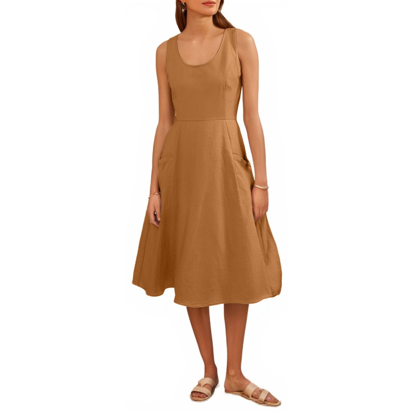 

Женские повседневные однотонные платья из хлопка с круглым вырезом без рукавов и карманами M