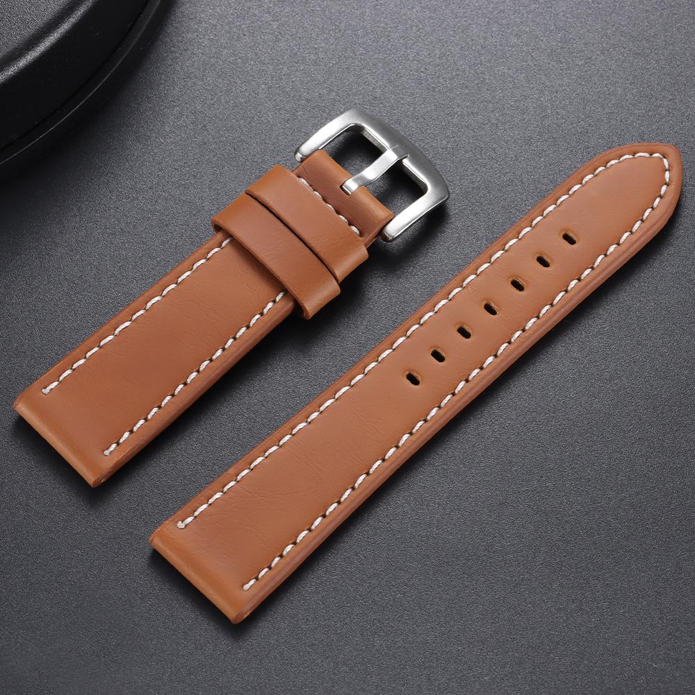 18mm 20mm 22mm 24mm Stitching Sports Watch Band Brown Genuine Leather Watch Strap Men's Steel Clasp Bracelet Universal Wristband