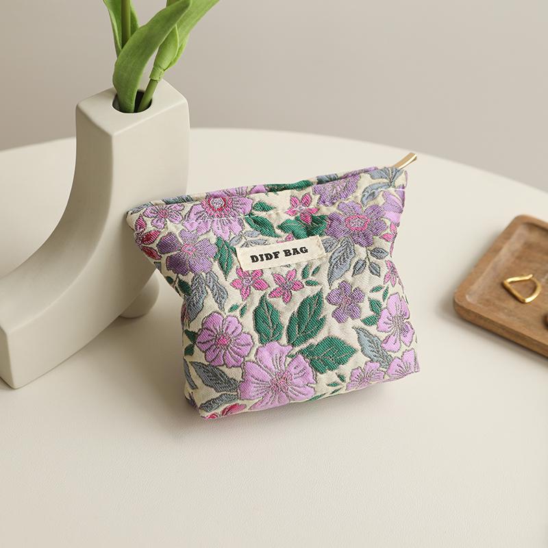 Women's Cosmetic Bag Small Vintage Purple Flowers Cosmetics Lipstick Storage Bag Portable Coin Purse Commuter Card Holder