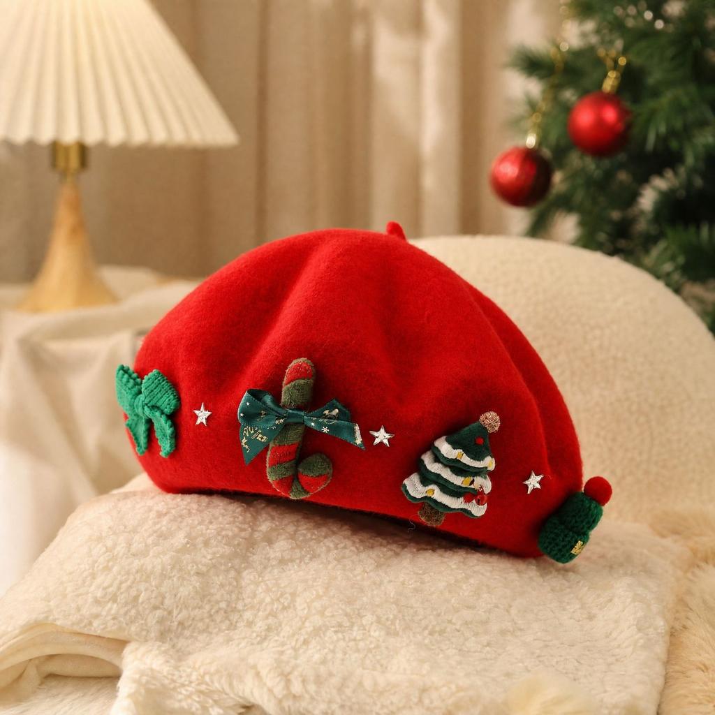 Women's Christmas Beret Hat with, Warm Painter for Winter and Holiday Outfits