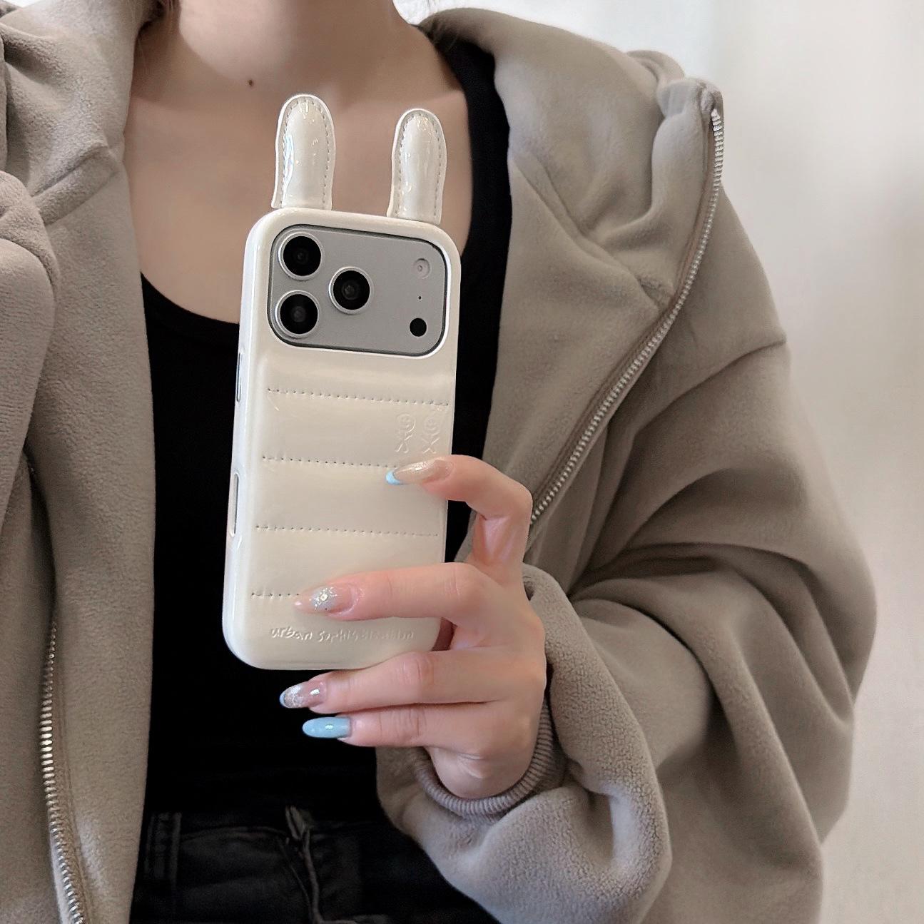 

White Rabbit Ear Down Jacket Phone Case for iPhone 14/15/17 Pro Max Compatible with Apple 16/13 iPhone 16 Pro