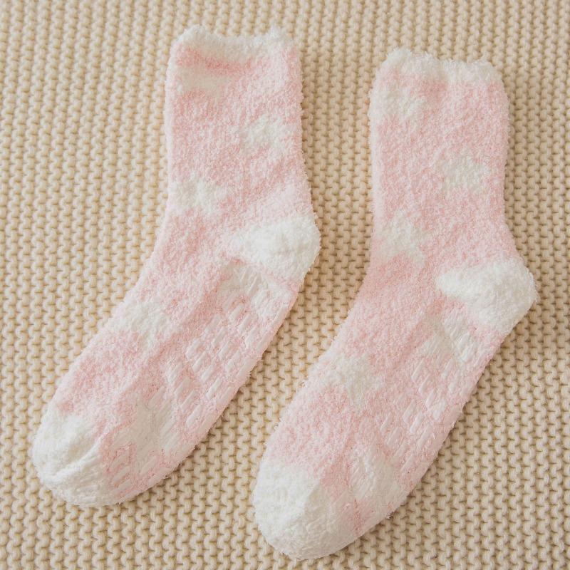 Non-shedding Coral Fleece Socks, Women's Glue Anti-slip Floor Socks, Star Half-fleece Winter Mid-calf Sleeping Socks