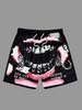 Men Gothic Angel Graffiti 3D Print Mesh Beach Shorts Elastic Drawstring Loose Straight Casual Summer Board Shorts