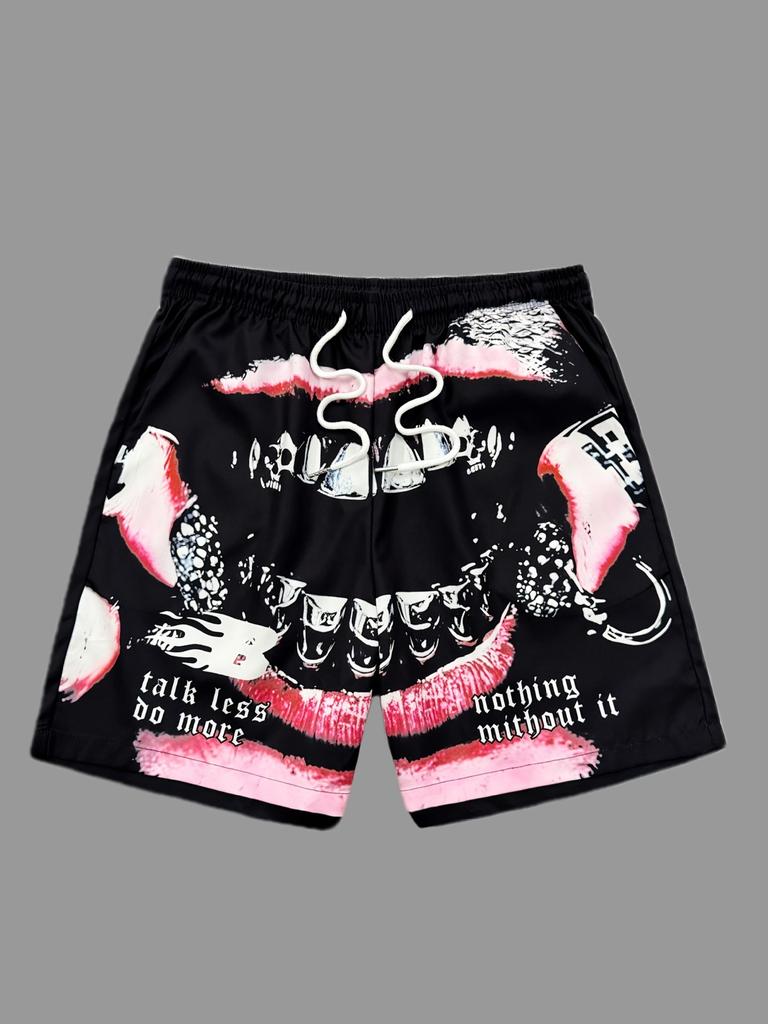 Men Gothic Angel Graffiti 3D Print Mesh Beach Shorts Elastic Drawstring Loose Straight Casual Summer Board Shorts
