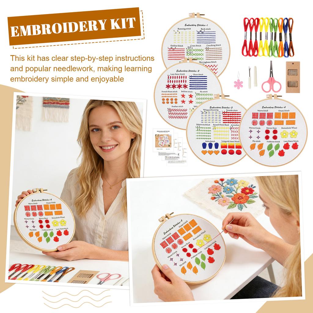 DIY 3D Embroidery Craft For Beginners: Fabric Embroidery Material Kit, 20cm Embroidery Hoop (Not A Finished 30cm Fabric), Four-Piece Set