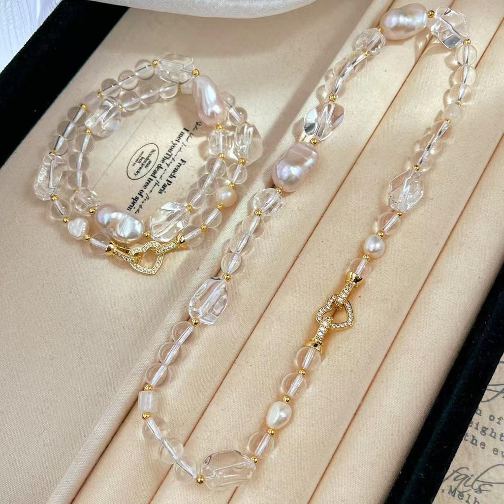 Vintage High Quality Natural Baroque Pearl Vitreous White Crystal Clavicle Chain Necklace