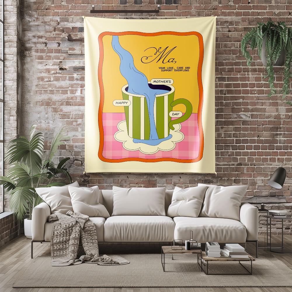 Frohen Muttertag Tasse Überquellende Liebe Wandteppich Maschinenwaschbar Ganzjahres-Deko Druck Niedliches Kunstdesign Zuhause ungiftig