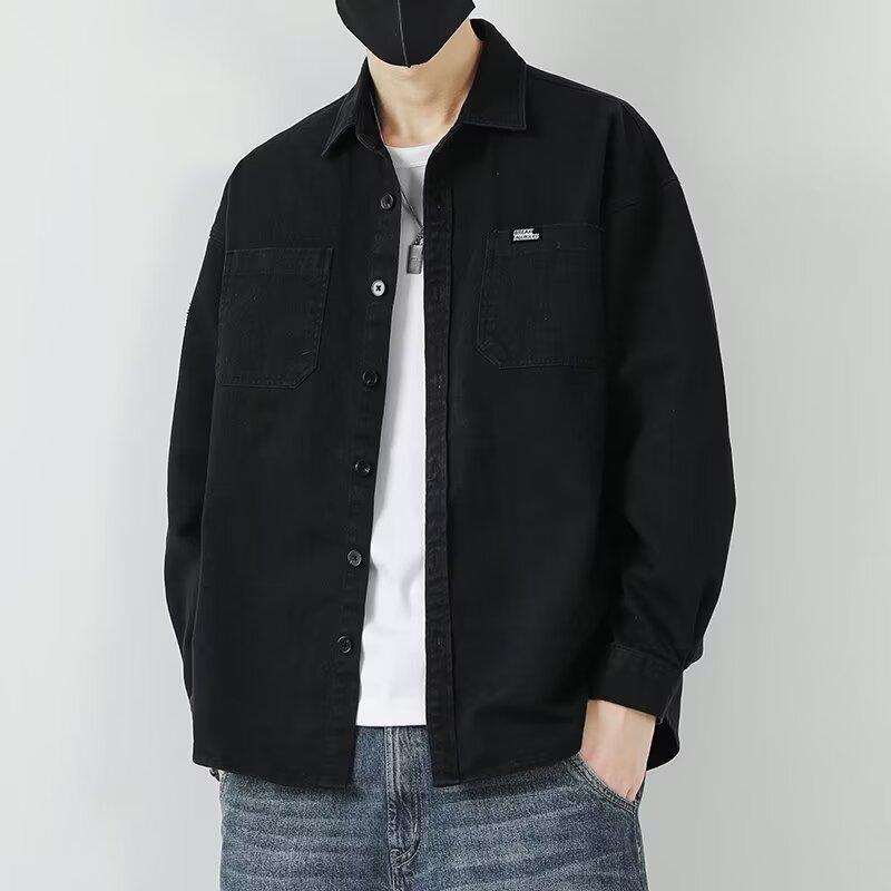 Camicia a maniche lunghe di cotone da primavera e estate da uomo, ampia, di tendenza, americana con risvolto, tasche, camicia, capispalla, top