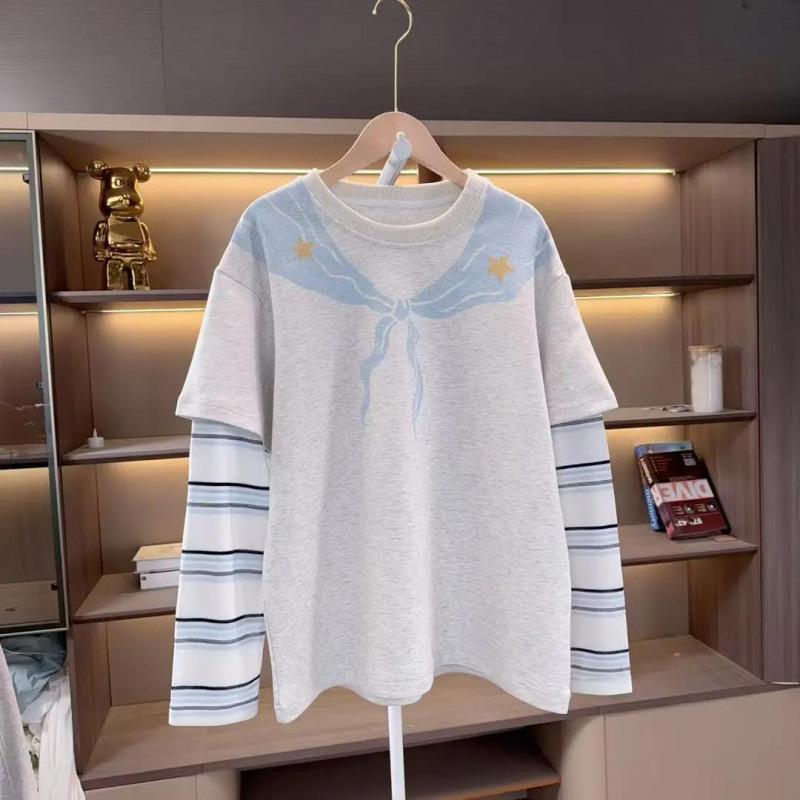 Mädchen Frühling Herbst Fake Zweiteiler Sweatshirt Koreanisches Langarm T-Shirt Für Große Kinder Lässiges Basisschicht Oberteil