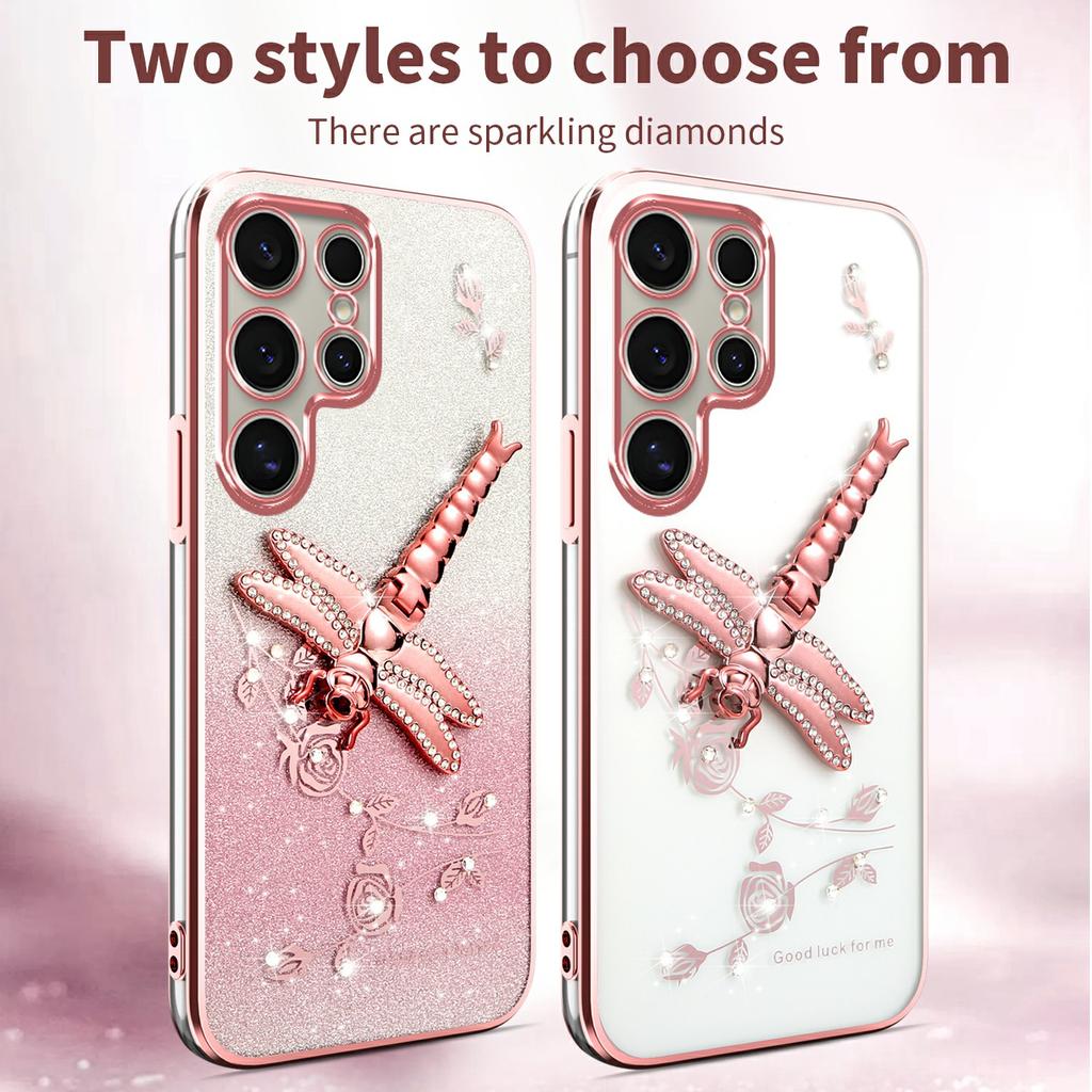 KADEM For Samsung Galaxy S24 Ultra Case Dragonfly Kickstand TPU Flowers Glitter Phone Cover