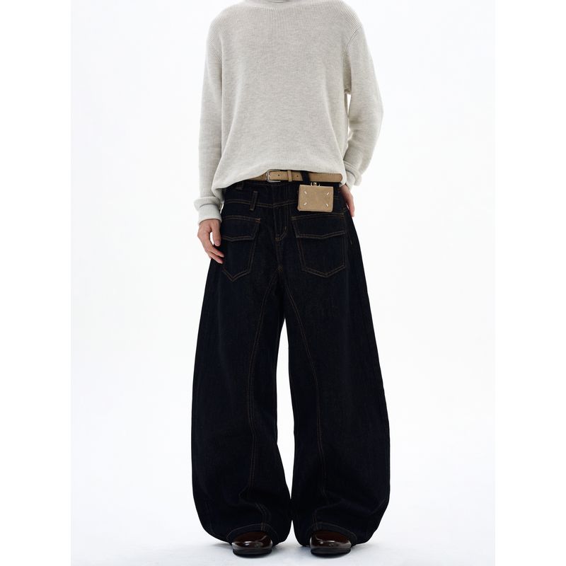 Kisko Designer-Style American Denim Black Washed Scimitar Jeans for Men and Women, Loose Straight-Leg Slimming Pants, Trendy