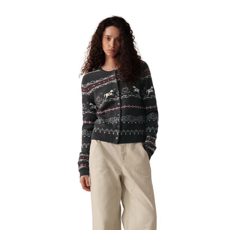 

ЗЕЛЕНЫЙ ПОЯС Женский свитер из 100% шерсти в стиле ретро с жаккардовым узором Fair Isle с пони XL