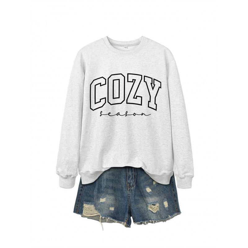Womens Cozy Casual Round Neck Long Sleeve Cotton Sweatshirt With Letter Print Loose Fit