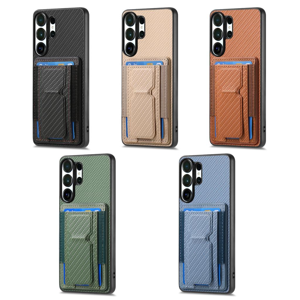 Luxury Carbon Fiber Pattern Vertical Card Solt Holder Wallet Leather Case For Samsung S25 Ultra S24 Plus S23 A17 A07 Stand Cover