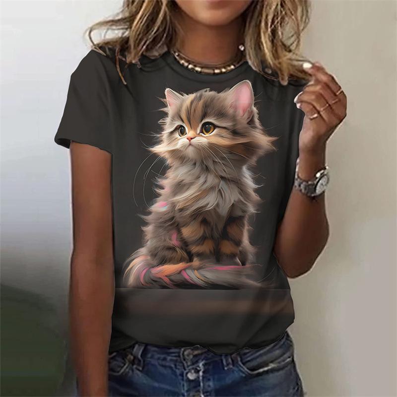 Cute Women's Round Neck Printed 3D T-shirt with Animal Fun T-shirt
