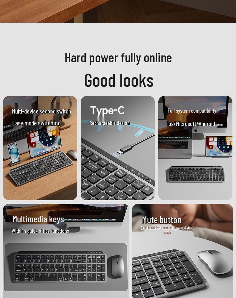 Thin Dual-Mode Wireless Bluetooth Keyboard & Mouse Set for MacBook, Laptop, Phone, iMac