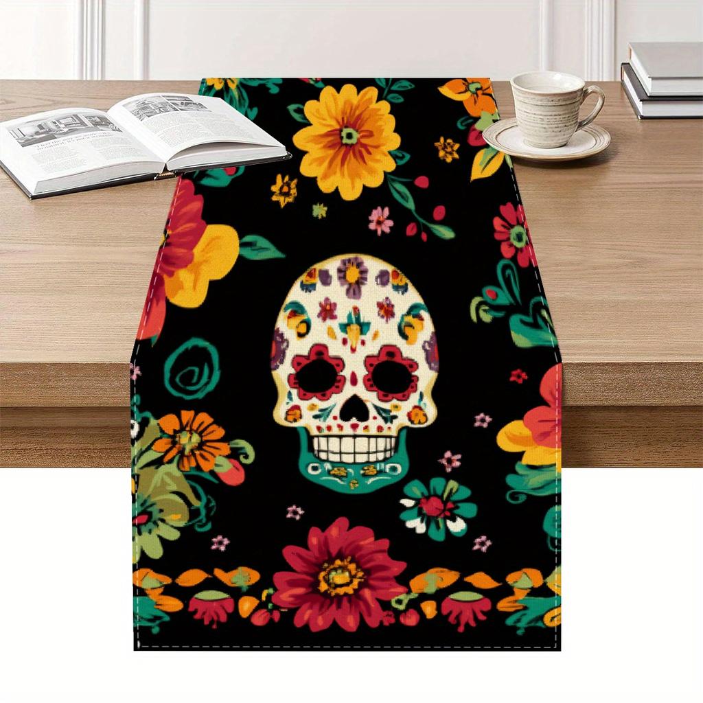Mexico Day of The Dead Colorful Floral Sugar Skull Linen Table Runner Mexican Dia De Los Muertos Table Runners Party Decorations