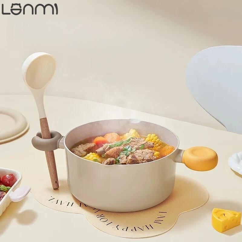 LANMI 22CM Non-stick Double Ear Instant Noodle Stew Pot Medical Stone Coated Soup Pot with Visible Glass Cover Kitchen Cookware