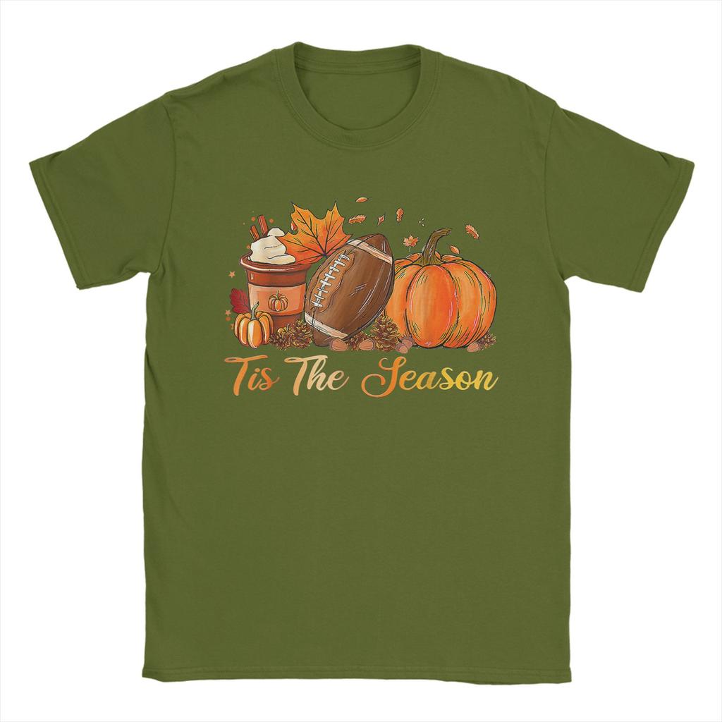 Unisexs TShirts Pumpkin Spice Football Tis The Season Fall Thanksgiving Tees Short Sleeve T Shirts Crew Neck Clothing Classic