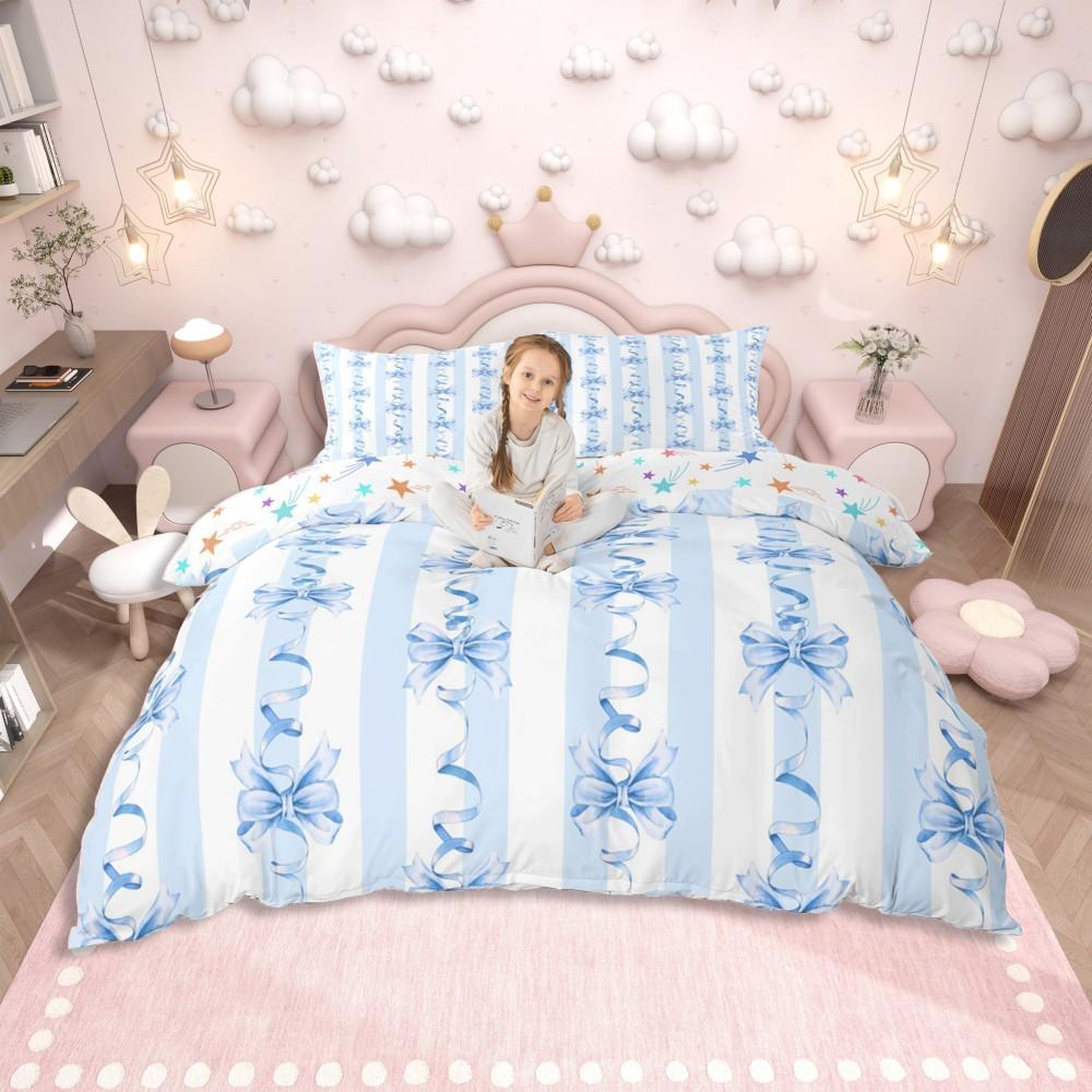Homewish Rosa Schleife Bettbezug-Set für Mädchen, Kawaii Prinzessin Cartoon Bettwäsche-Set, Niedliches Sterne-Muster Wendebettwäsche-Set
