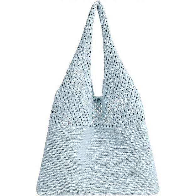Women Retro Summer Hobo Bag Mesh Hollow Tote Bag Trendy Flower Knitted Shoulder Bags Casual Beach Purse Blue