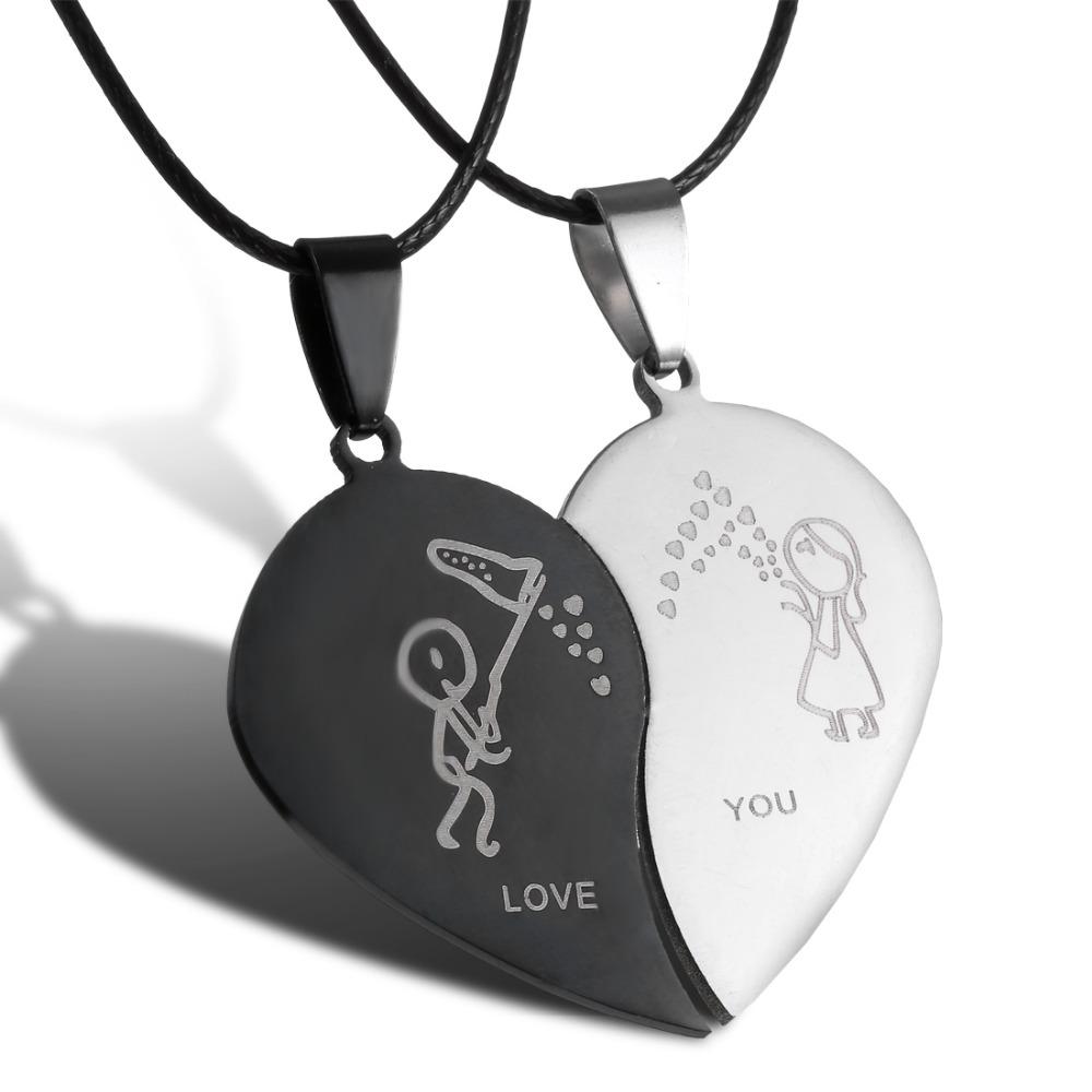 Couples Jewelry Broken Heart Necklaces Black Couple Necklace Stainless Steel Engraved Love You Pendants Necklace Valentine's Day