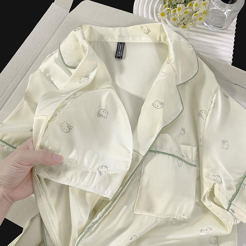 Women's Ice Silk Pajama Set: Built-in Bra, Silver Cinnamon Dog & Cat Top, Shorts & Long Pants