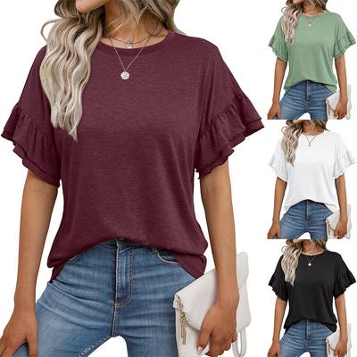 Ladies Summer Ruffle Short Sleeve O Neck Solid Color Pullover T Shirt Top