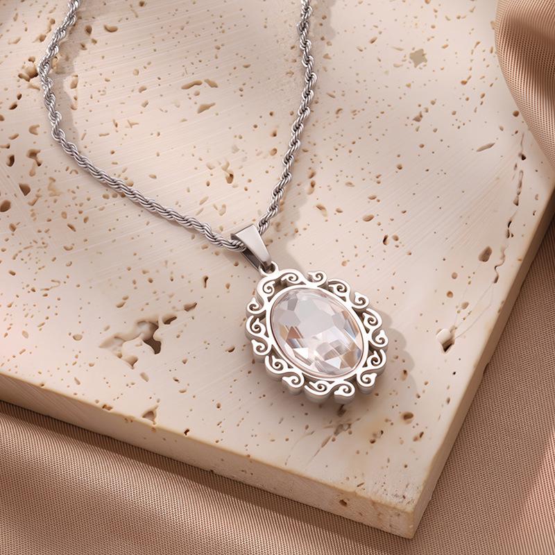 European & American Fashion Exquisite Titanium Steel Necklace with Colorful Zircon & Geometric Pendant for Women